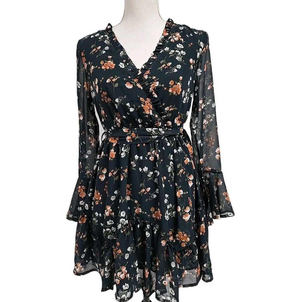 Hello Molly Long Sleeve Floral‎ Mini Pullover Dress Elastic Waist Green Size XS